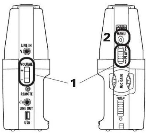 LINE IN VOLUME + - REMOTE LINE OUT USB 1 2 HOLD FOR MENU PLAY MIC GAIN HOLD