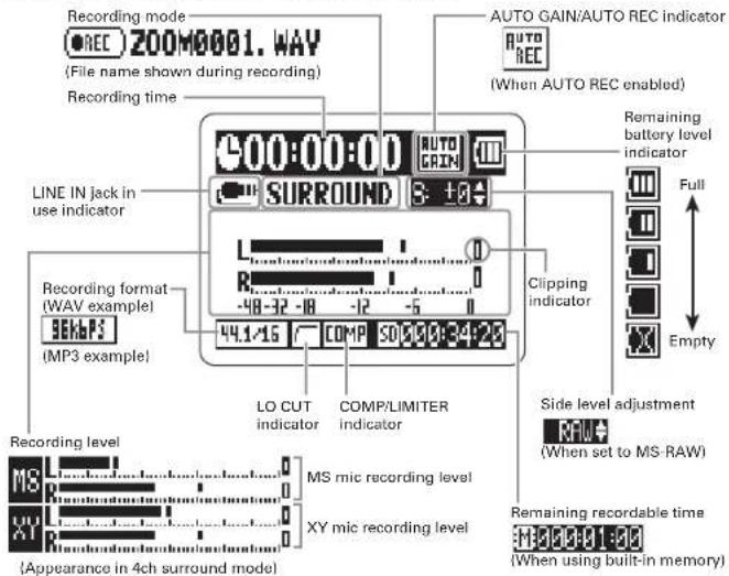 Recording mode ●REC ZOOM0001.WAY (File name shown during recording) Recording time LINE IN jack in use indicator Recording format (WAV example) 96kbps (MP3 example) Recording level MS XY mic recording level Appearance in 4ch surround mode 400:00:00 SURROUND AUTO GAIN AUTO (When AUTO REC enabled) Remaining battery level indicator Full Clipping indicator Side level adjustment (RAW+ (When set to MS-RAW) Remaining recordable time (MS 3381-3382) (When using built-in memory)