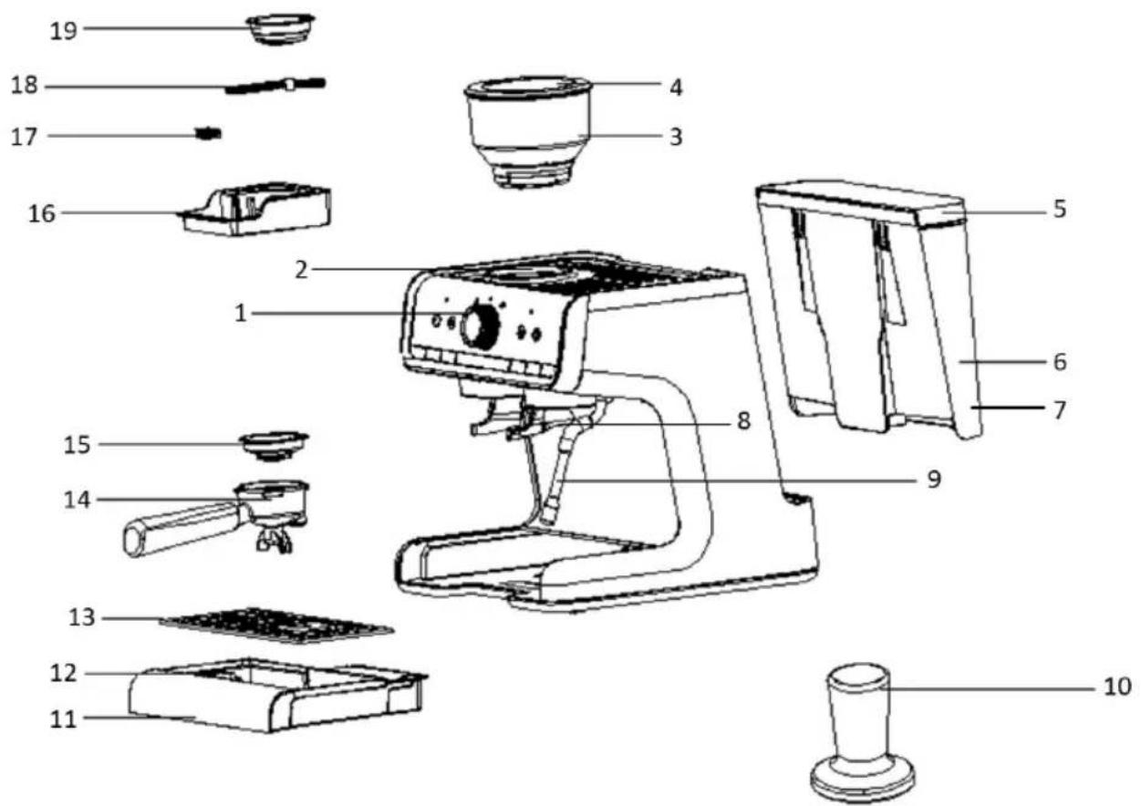Exploded view diagram of a coffee maker with numbered parts for identification