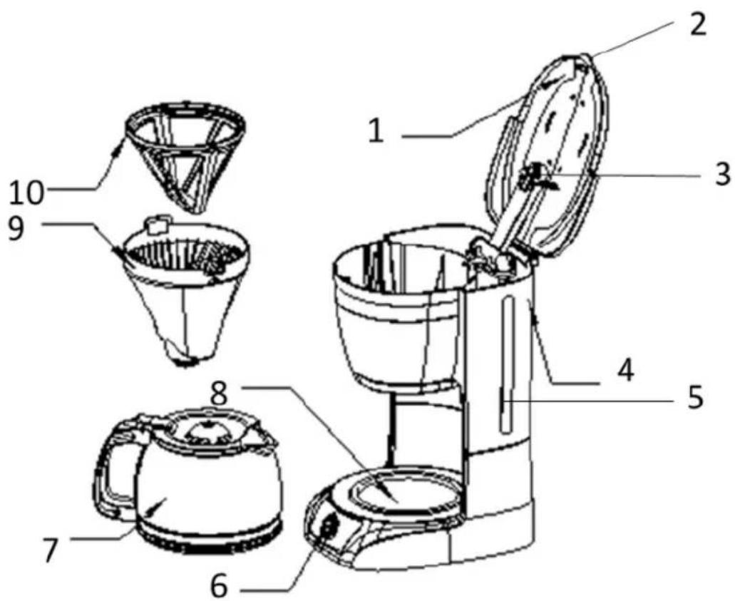 Technical diagram of a coffee maker with numbered parts for identification