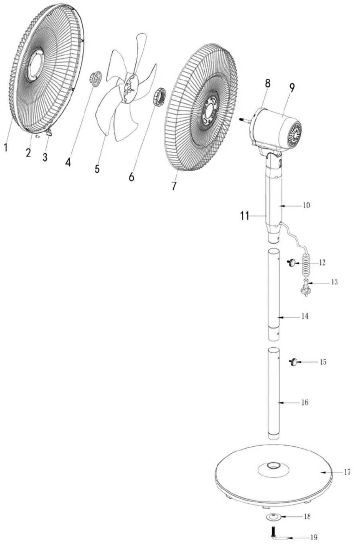Technical diagram of a fan assembly with numbered parts for identification and labeling