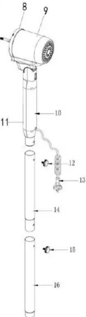 Technical diagram of a vertical cylindrical device with numbered components, likely an electric fan or motor assembly.