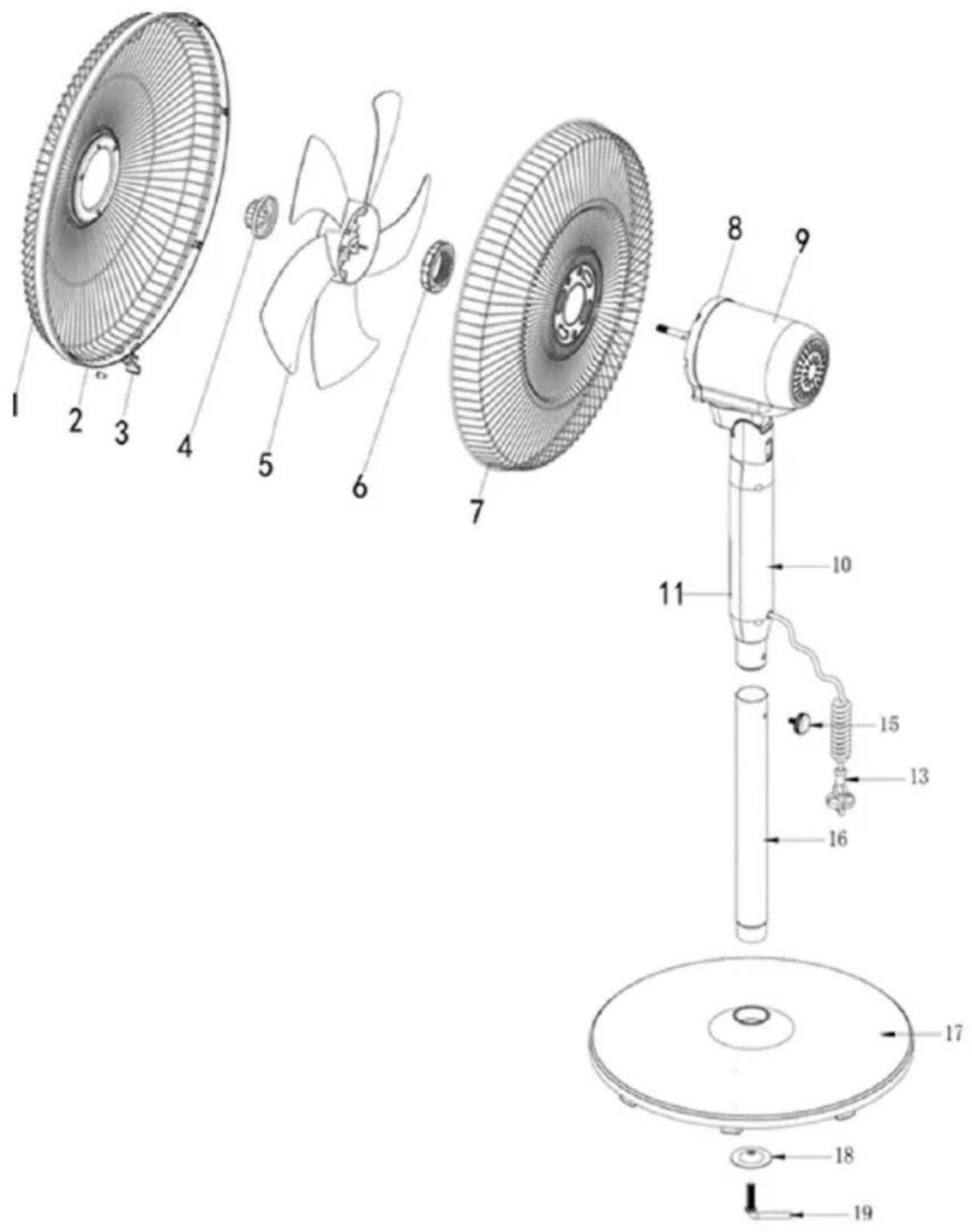 Technical diagram of a fan assembly with numbered parts for identification
