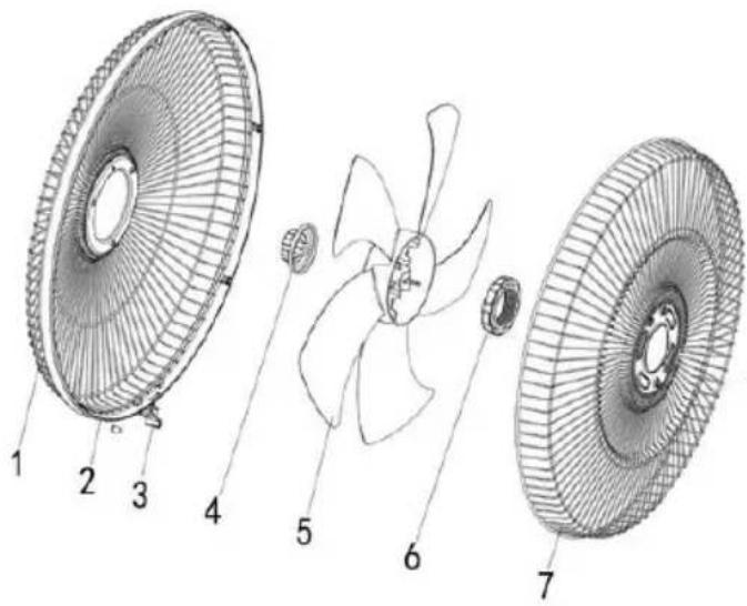Technical diagram of a fan with numbered parts for identification