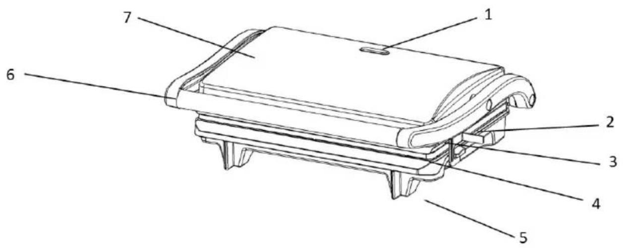 Technical diagram of a mechanical device with numbered parts labeled 1 through 7