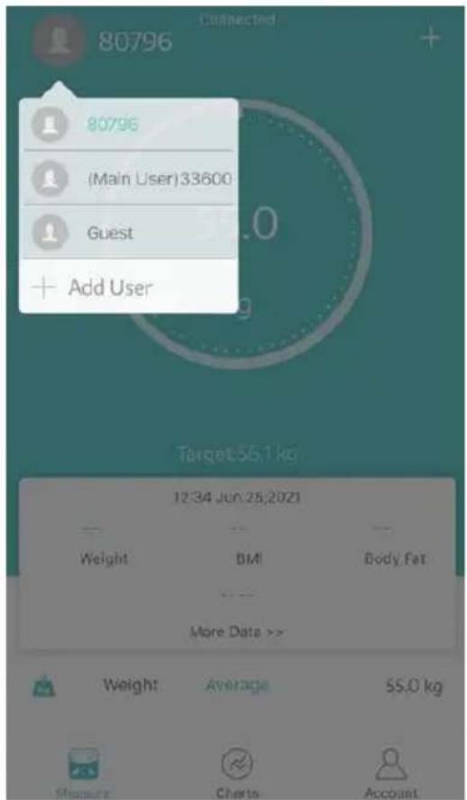 80796 80796 (Main User)33600 Guest + Add User Target:55.1 kg 12:34 Jun 25,2021 Weight DMI Body Fat More Data >> Weight Average 55.0 kg Measure Charts Account