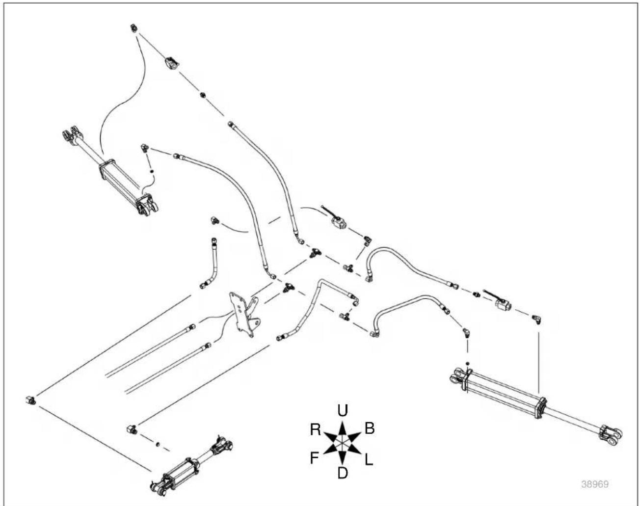 Technical diagram of a mechanical assembly with labeled components and a compass rose symbol indicating orientation.