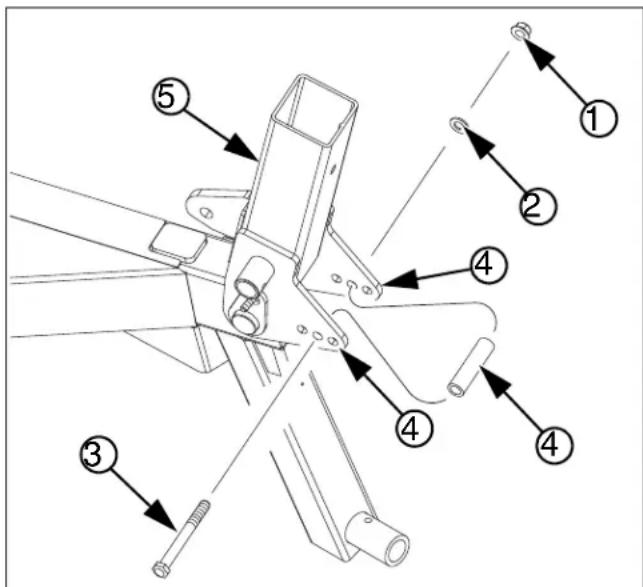Technical diagram of a mechanical assembly with numbered components and directional arrows indicating assembly steps.