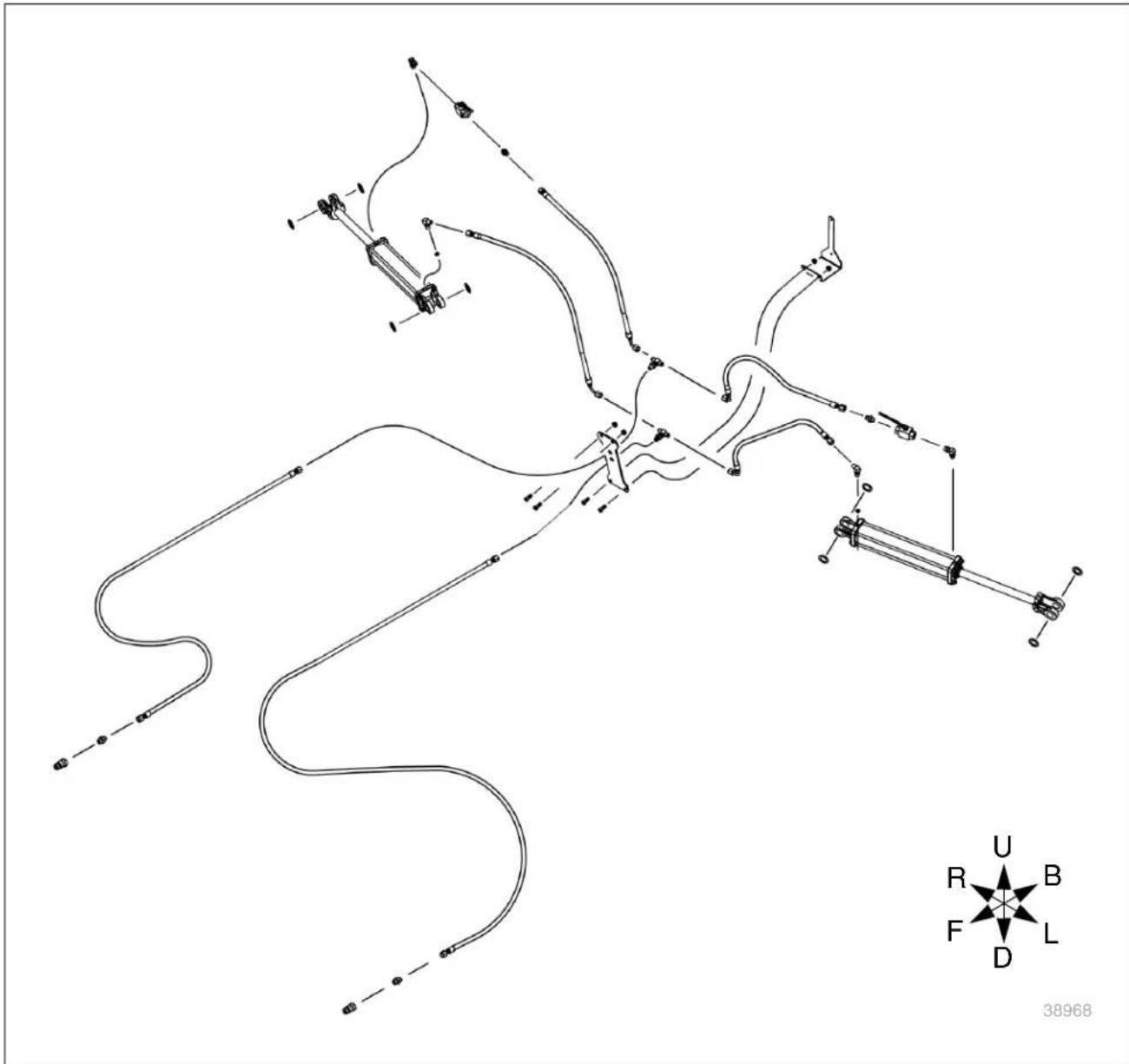 Technical diagram of a mechanical linkage system with labeled components and a compass rose symbol