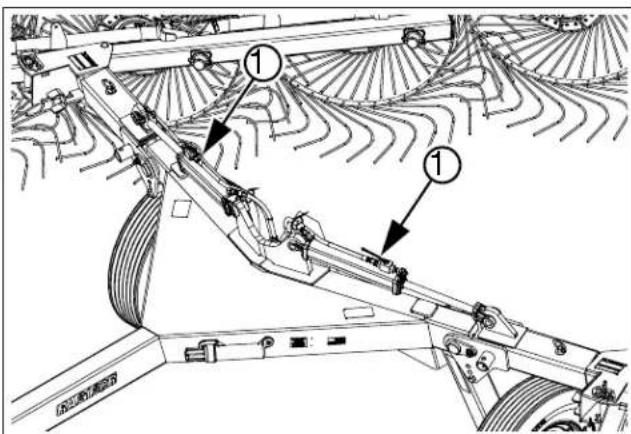 Technical diagram of a mechanical system with labeled components, showing structural connections and parts of a machine or agricultural equipment.