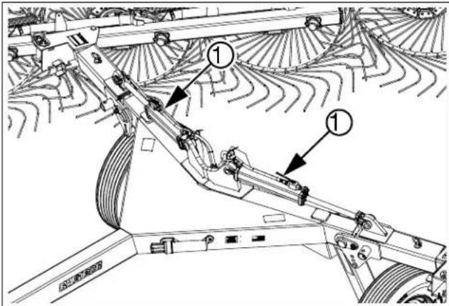 Technical diagram of agricultural machinery with labeled components, showing structural connections and field lines.