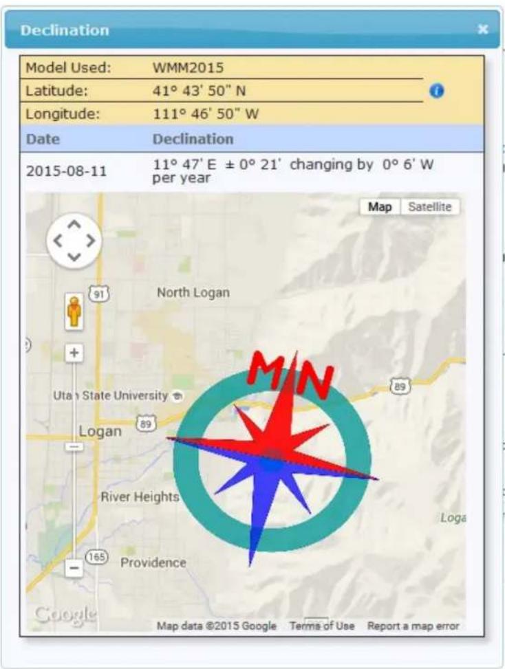 Declination Model Used: WMM2015 Latitude: 41° 43' 50" N Longitude: 111° 46' 50" W Date Declination 2015-08-11 11° 47' E ± 0° 21' changing by 0° 6' W per year Map Satellite North Logan Utah State University Logan River Heights Providence Google Map data ©2015 Google Terms of Use Report a map error