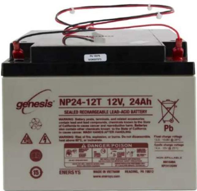 PN 1075 WDG087375 genesis® NP24-12T 12V, 24Ah SEALED RECHARGEABLE LEAD-ACID BATTERY WARNING: Battery paste, terminals, and related accessories contain lead and lead compounds, chemicals known to the State of California to cause cancer and reproductive harm. Batteries also contain other chemicals known to the State of California to cause cancer. WASH HANDS AFTER HANDLING. WARNING: flue of fire, explosions, or burns. Do not disassemble, head above 80°C, or incompressible. A DANGER/POISON ENERSYS MADE IN VITNAM READING, NO.18012 www.enersys.com Pb Fuel charge voltage 13.5 - 13.0V @ 20°C Cyclic charge voltage 14.4 - 15V @ 25°C HON SPILLABLE HP16BA NP241204V