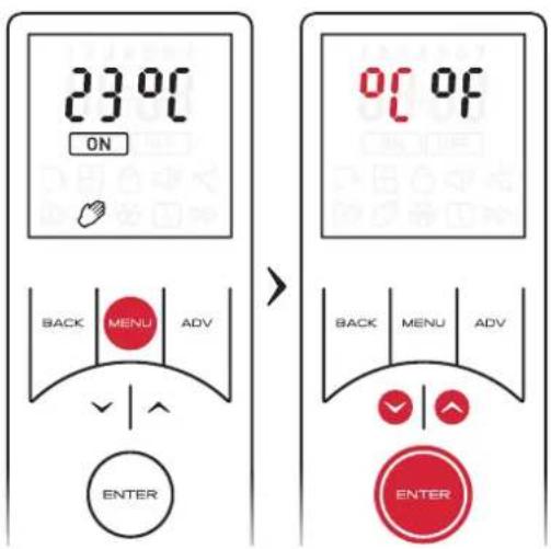 23°C ON BACK MENU ADV ENTER 0°C off BACK MENU ADV ENTER