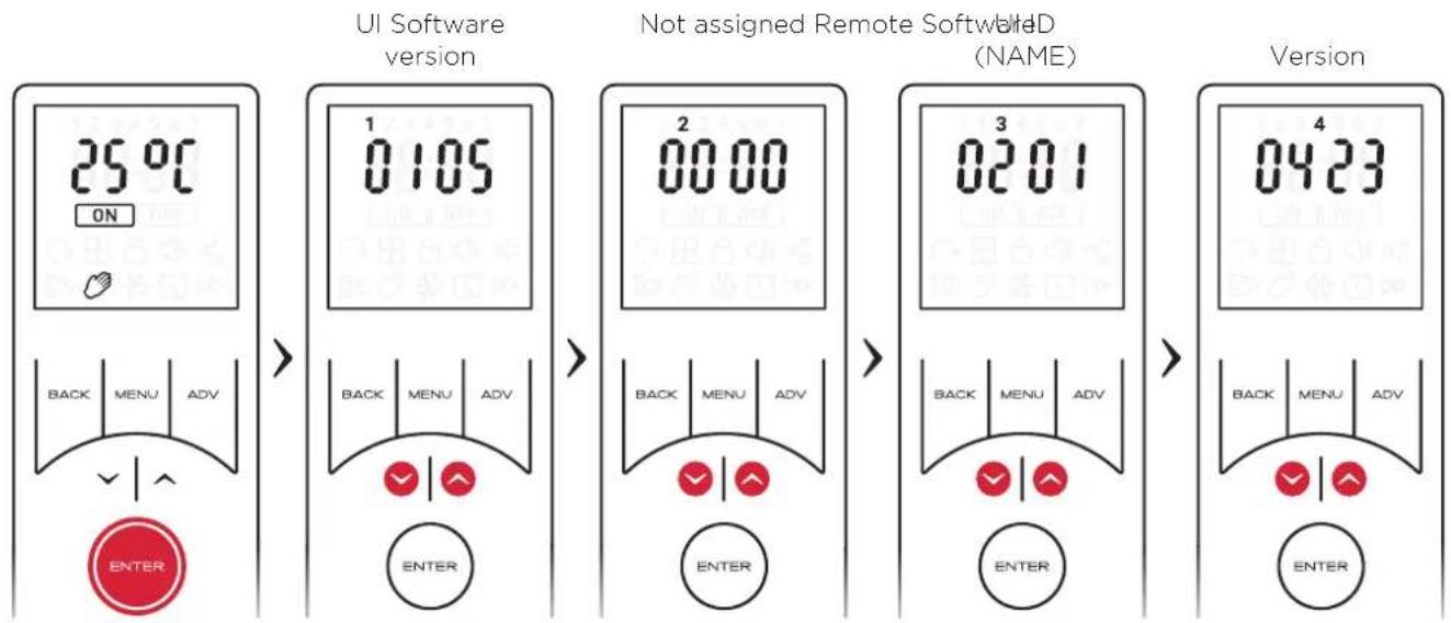 25°C ON BACK MENU ADV ENTER UI Software version 1 0105 BACK MENU ADV ENTER Not assigned Remote SoftwareD (NAME) 2 0000 BACK MENU ADV ENTER 3 0201 BACK MENU ADV ENTER Version 4 0423 BACK MENU ADV ENTER