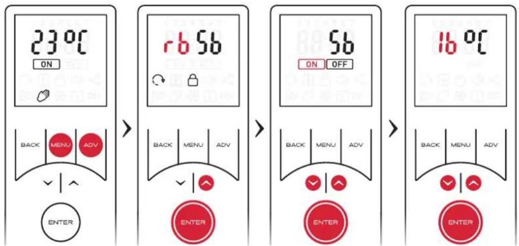 23°C ON r b 56 ON OFF BACK MENU ADV ENTER 56 ON OFF BACK MENU ADV ENTER 16°C BACK MENU ADV ENTER ENTER