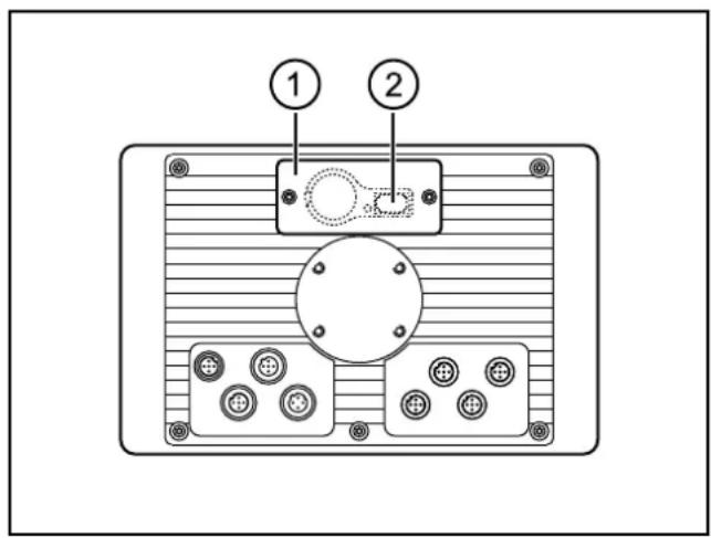 Diagram of a device rear panel with labeled components, showing two numbered parts and internal wiring.