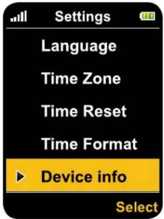 Settings Language Time Zone Time Reset Time Format ▶ Device info Select