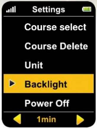 Settings Course select Course Delete Unit Backlight Power Off 1min