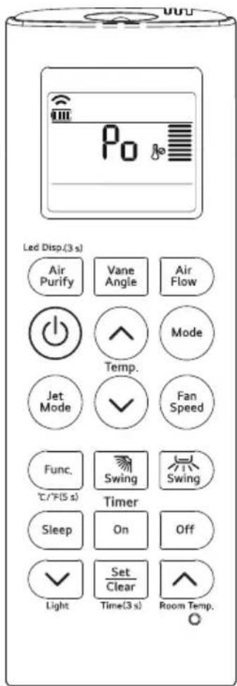 Led Disp.(3 s) Air Purify Vane Angle Air Flow Temp. Mode Jet Mode ✓ Fan Speed Func. °C/°F(5 s) Swing Swing Timer Sleep On Off ✓ Light Set Clear Time(3 s) Room Temp. ○