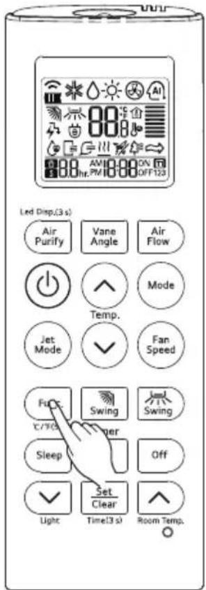 LED Disp.(3 s) Air Purify Vane Angle Air Flow Temp. Jet Mode Fan Speed FuC Swing Swing T/C/S Tiger Sleep Off Set Clear Light Time(3 s) Room Temp.