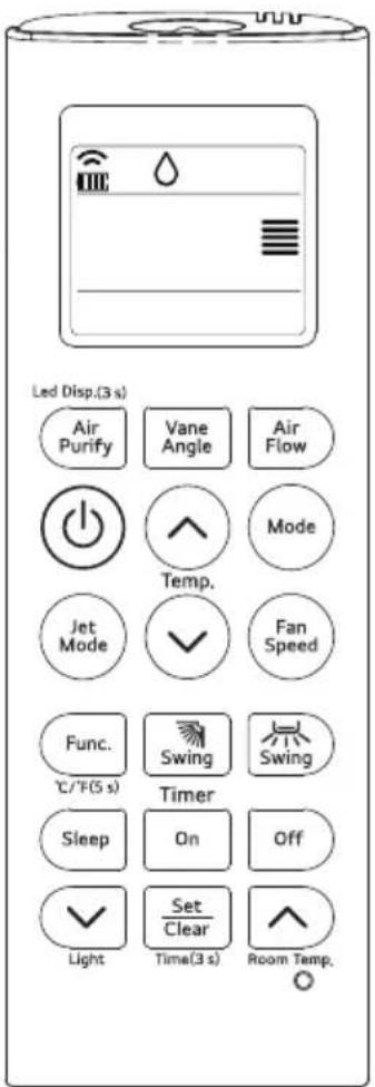 Led Disp.(3 s) Air Purify Vane Angle Air Flow Temp. Mode Jet Mode ✓ Fan Speed Func. °C/°F(5 s) Swing Swing Timer Sleep On Off ✓ Light Set Clear Time(3 s) Room Temp.
