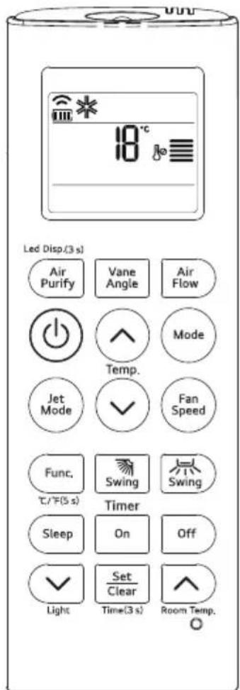 LED Disp.(3 s) Air Purify Vane Angle Air Flow Temp. Mode Jet Mode ✓ Fan Speed Func. °C/°F(5 s) Swing Swing Timer Sleep On Off ✓ Light Set Clear Room Temp. ○