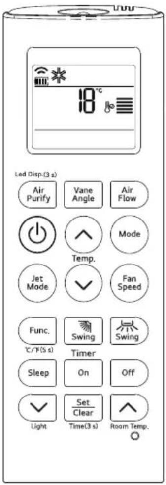 LED Disp.(3 s) Air Purify Vane Angle Air Flow Temp. Mode Jet Mode ✓ Fan Speed Func. °C/°F(5 s) Swing Swing Timer Sleep On Off ✓ Set Clear Light Time(3 s) Room Temp.