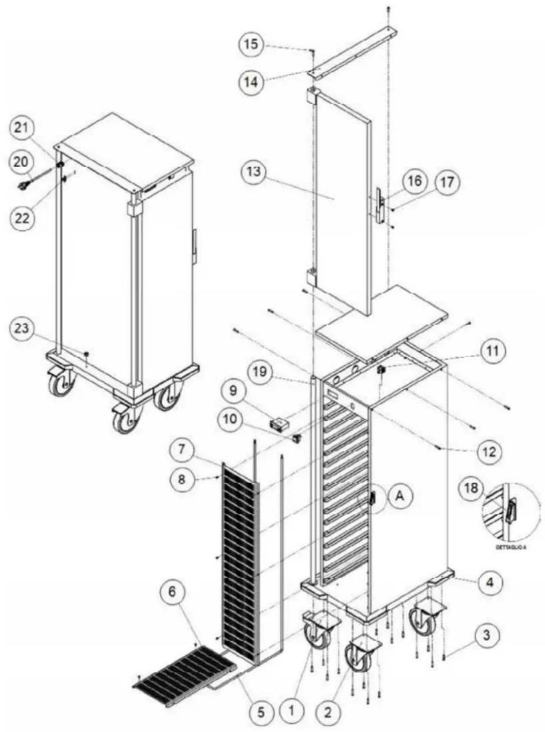 Technical diagram of a mechanical device with numbered components and labeled parts, including carts, wheels, and a panel labeled 'A'.