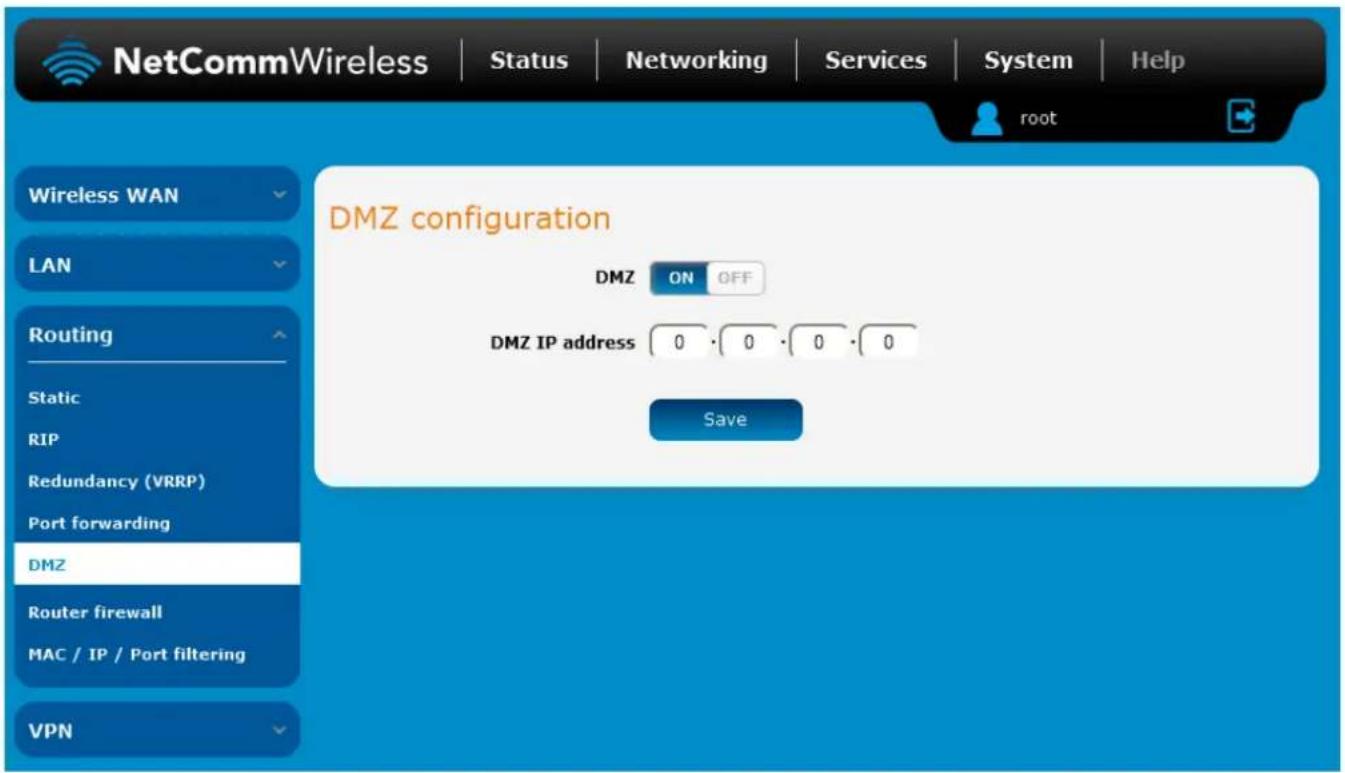 NetCommWireless | Status | Networking | Services | System | Help root Wireless WAN LAN Routing Static RIP Redundancy (VRRP) Port forwarding DMZ Router firewall MAC / IP / Port filtering VPN DMZ configuration DMZ ON OFF DMZ IP address 0 · 0 · 0 · 0 Save