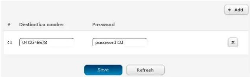 Destination number Password 01 0412345678 password123 Save Refresh