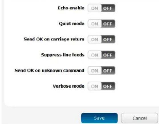 Echo enable ON OFF Quiet mode ON OFF Send OK on carriage return ON OFF Suppress line feeds ON OFF Send OK on unknown command ON OFF Verbose mode ON OFF Save Cancel