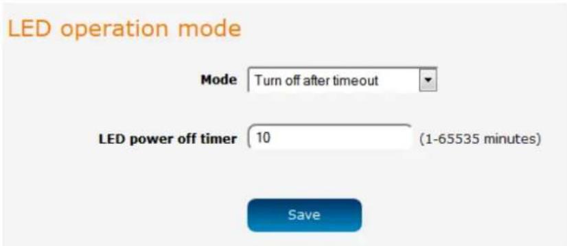 LED operation mode Mode Turn off after timeout LED power off timer 10 (1-65535 minutes) Save