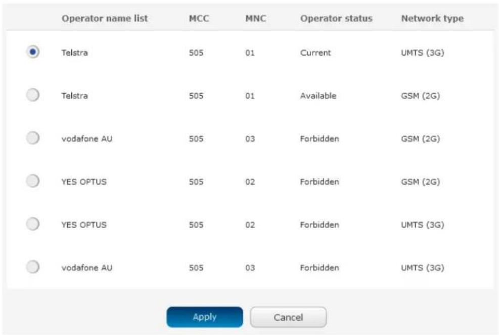 Operator name list MCC MNC Operator status Network type Telstra 505 01 Current UMTS (3G) Telstra 505 01 Available GSM (2G) vodafone AU 505 03 Forbidden GSM (2G) YES OPTUS 505 02 Forbidden GSM (2G) YES OPTUS 505 02 Forbidden UMTS (3G) vodafone AU 505 03 Forbidden UMTS (3G) Apply Cancel