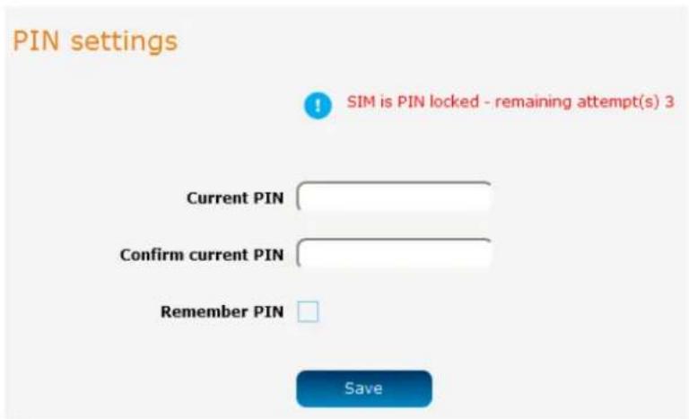 PIN settings SIM is PIN locked - remaining attempt(s) 3 Current PIN Confirm current PIN Remember PIN Save