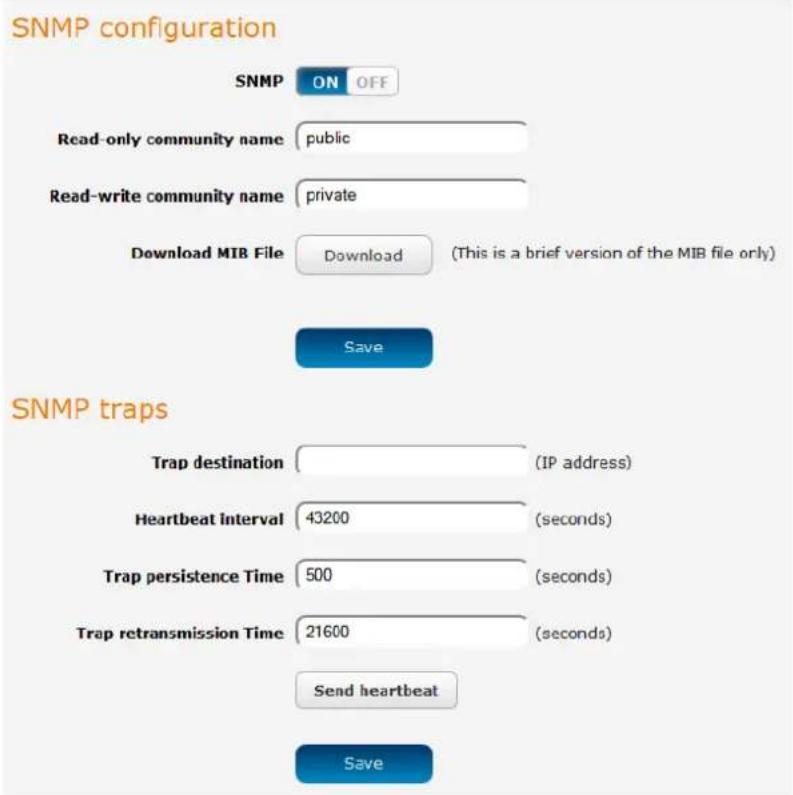 SNMP configuration SNMP ON OFF Read-only community name public Read-write community name private Download MIB File Download (This is a brief version of the MIB file only) Save SNMP traps Trap destination (IP address) Heartbeat Interval 43200 (seconds) Trap persistence Time 500 (seconds) Trap retransmission Time 21600 (seconds) Send heartbeat Save