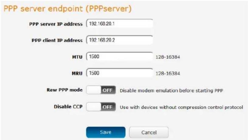 PPP server endpoint (PPPserver) PPP server IP address 192.168.20.1 PPP client IP address 192.168.20.2 MTU 1500 128-16384 MRU 1500 128-16384 Raw PPP mode OFF Disable modem emulation before starting PPP Disable CCP OFF Use with devices without compression control protocol Save Cancel