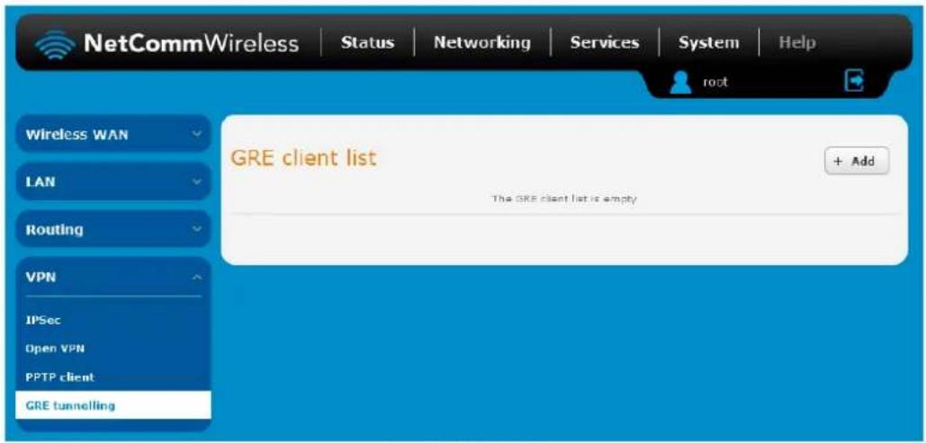 NetCommWireless | Status | Networking | Services | System | Help root Wireless WAN LAN Routing VPN IPSec Open VPN PPTP client GRE tunnelling GRE client list The GRE client list is empty + Add