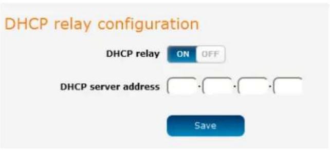 DHCP relay configuration DHCP relay ON OFF DHCP server address Save