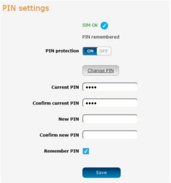 PIN settings SIM OK ✓ PIN remembered PIN protection ON OFF Change PIN Current PIN ••••• Confirm current PIN ••••• New PIN Confirm new PIN Remember PIN ✓ Save