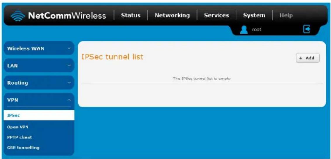 NetCommWireless | Status | Networking | Services | System | Help root Wireless WAN LAN Routing VPN IPSec Open VPN PPTP client GRE tunnelling IPSec tunnel list + Add The IPSec tunnel list is empty