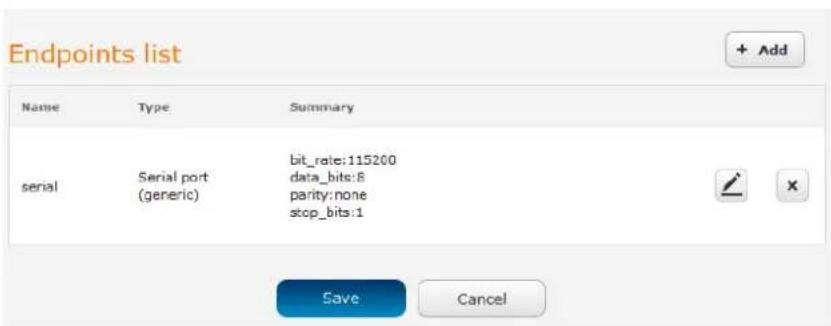 Endpoints list Name Type Summary serial Serial port (generic)(bit_rate:115200 data_bits:8 parity:none stop_bits:1 Save Cancel