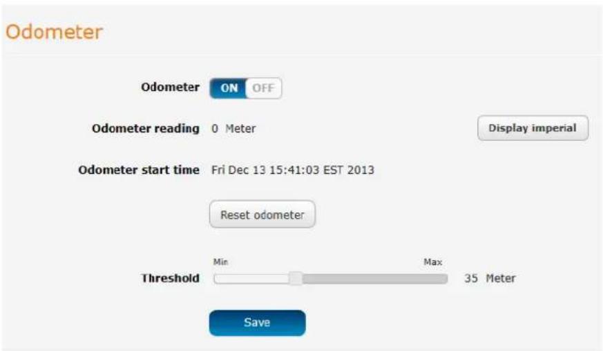 Odometer Odometer ON OFF Odometer reading 0 Meter Display imperial Odometer start time Fri Dec 13 15:41:03 EST 2013 Reset odometer Threshold Min Max 35 Meter Save