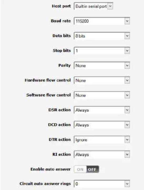 Host port Built in serial port Baud rate 115200 Data bits 8 bits Stop bits 1 Parity None Hardware flow control None Software flow control None DSR action Always DCD action Always DTR action Ignore RI action Always Enable auto answer ON OFF Circuit auto answer rings 0