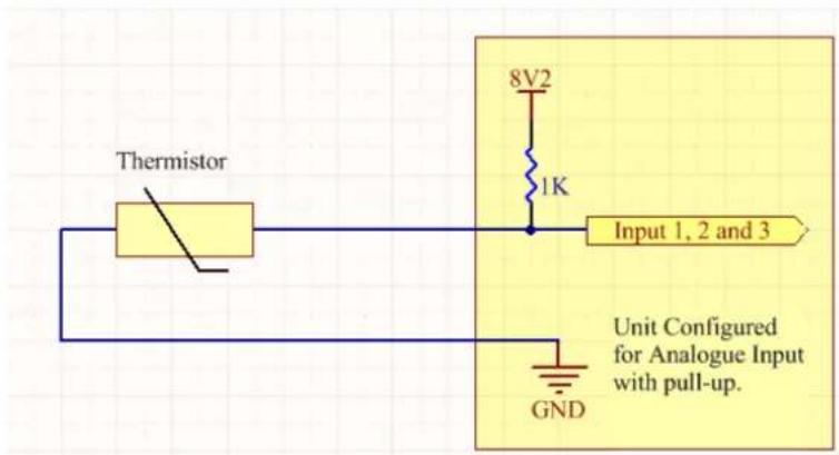 Thermistor 8V2 1K Input 1, 2 and 3 Unit Configured for Analogue Input with pull-up. GND