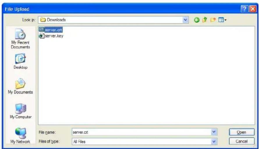 File Upload Look in: Downloads My Recent Documents Desktop My Documents My Computer My Network server.ct server.key File name: server.ct Files of type: All Files Open Cancel