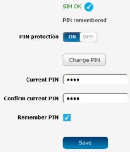 SIM OK ✓ PIN remembered PIN protection ON OFF Change PIN Current PIN ••••• Confirm current PIN ••••• Remember PIN ✓ Save