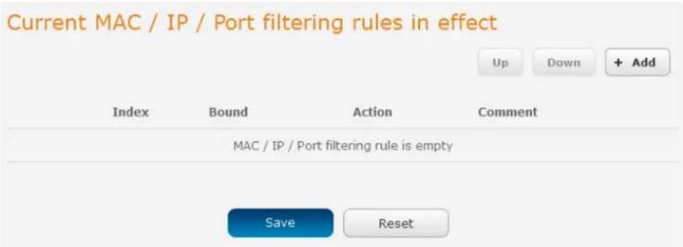 Current MAC / IP / Port filtering rules in effect Index Bound Action Comment MAC / IP / Port filtering rule is empty Save Reset