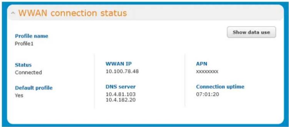 WWAN connection status Profile name Profile1 Status WWAN IP APN Connected 10.100.78.48 xxxxxxxxx Default profile DNS server Connection uptime Yes 10.4.81.103 07:01:20