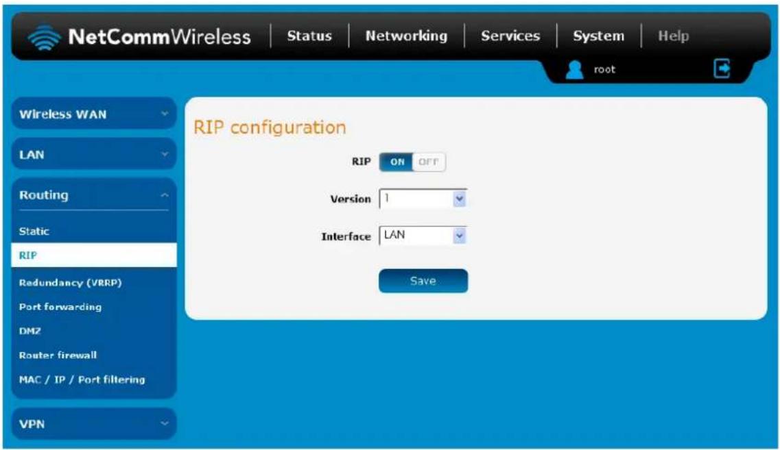 NetCommWireless | Status | Networking | Services | System | Help root Wireless WAN LAN Routing Static RIP Redundancy (VRRP) Port forwarding DM2 Router firewall MAC / IP / Port filtering VPN RIP configuration RIP ON OFF Version 1 Interface LAN Save